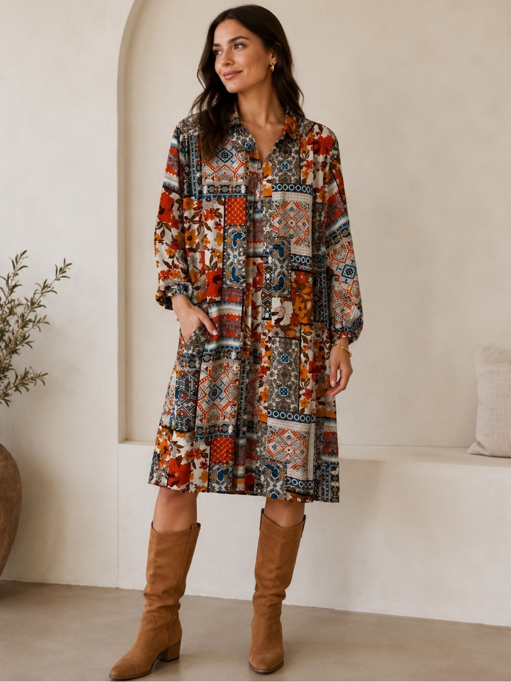 Boho Patchwork Print Shirt Dress‎ - Multicolor Size L